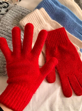 红色兔毛针织五指毛线手套女士冬季2025新款加厚保暖骑行防寒防风