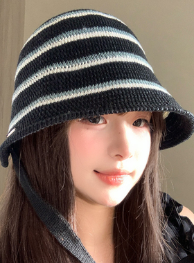 韩版条纹针织渔夫帽女夏季薄款显脸小大头围遮阳防晒帽子2026新款