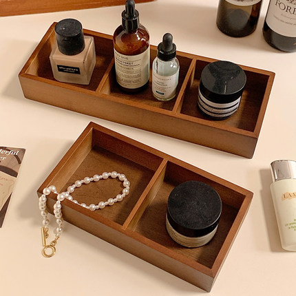 复古分格桌面收纳盒化妆品置物架家用项链戒指手饰品首饰盒木质盘