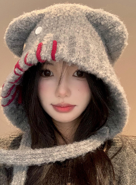 可爱小熊耳朵灰色帽子女秋冬季保暖显脸小护耳针织毛线帽2025新款