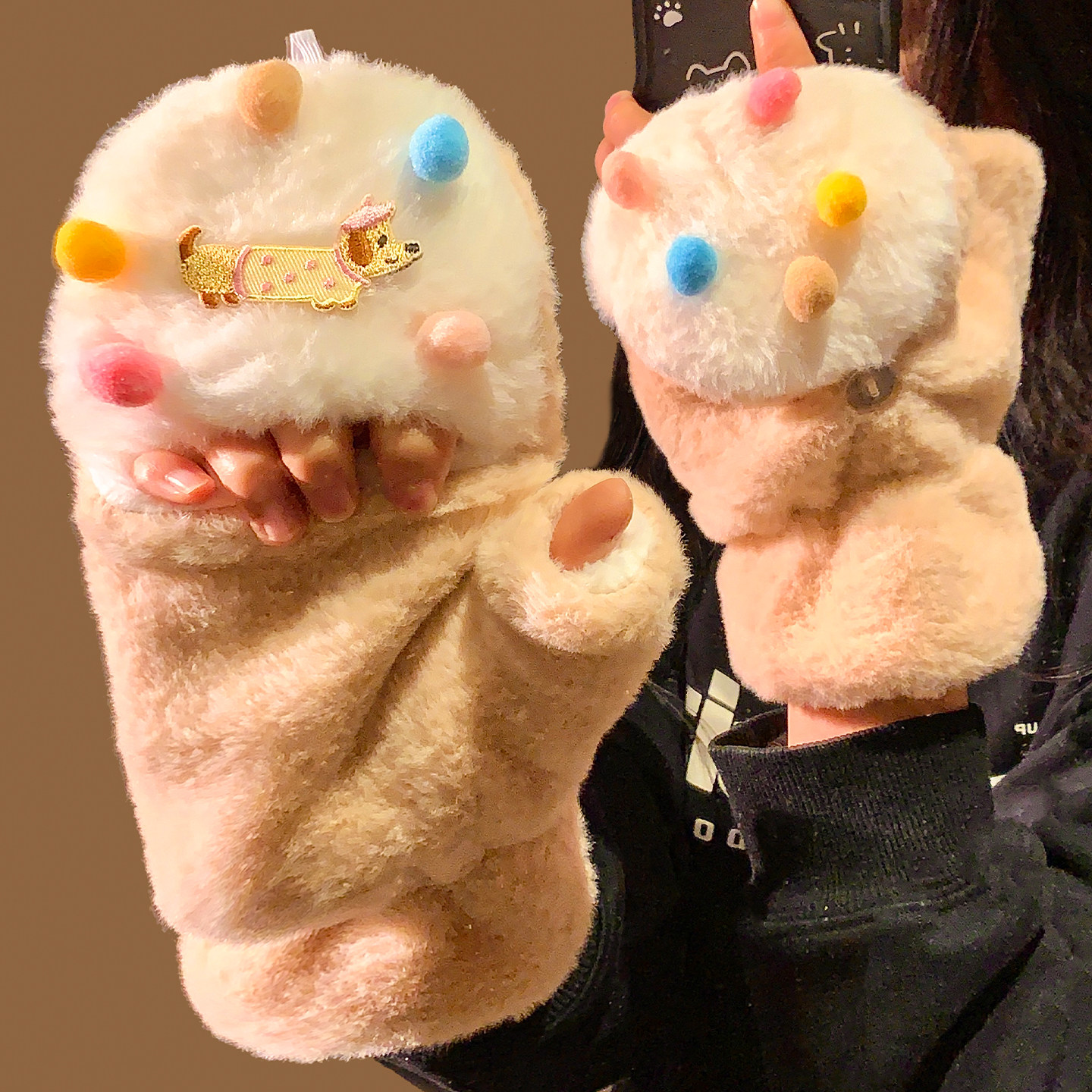 可爱糖豆狗毛绒翻盖半指手套女冬季保暖加厚露指触屏写字学生骑行