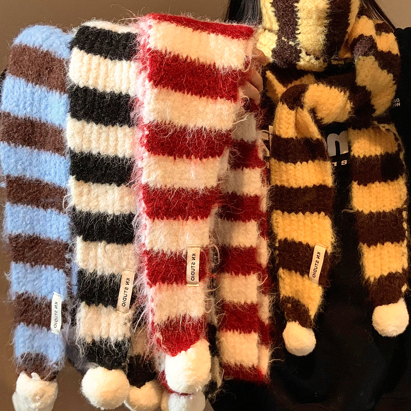 条纹毛球针织细窄长条围巾加厚