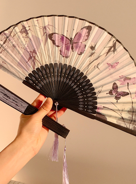 古风新中式折叠扇子女夏季便携中国风汉服旗袍舞蹈扇家用黑色竹扇