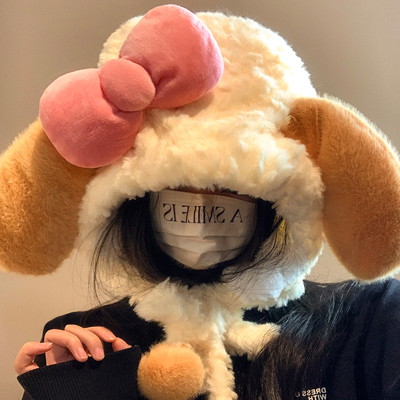 可爱饼饼毛绒帽子女秋冬加厚保暖