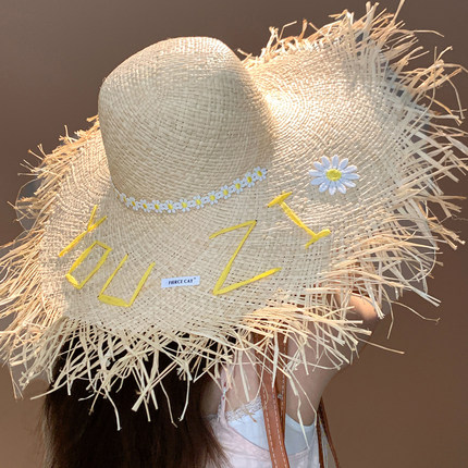 度假田园风大帽檐拉菲草帽女海边沙滩法式出游遮阳防晒帽子高级感