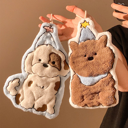 可爱卡通挂式擦手巾珊瑚绒超强吸水加厚毛巾家用卫生间搽抹布厨房