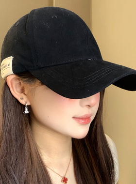 韩系百搭贴布黑色棒球帽女夏大头围宽帽檐显脸小遮阳防晒鸭舌帽子