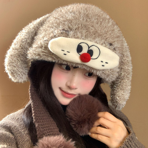 可爱长耳毛绒帽子女秋冬季保暖