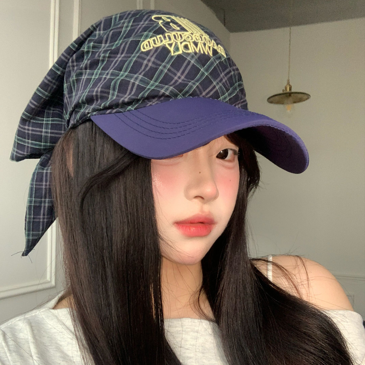 藏青格子字母刺绣绑带头巾帽子女夏季2026新款街头个性鸭舌帽子潮