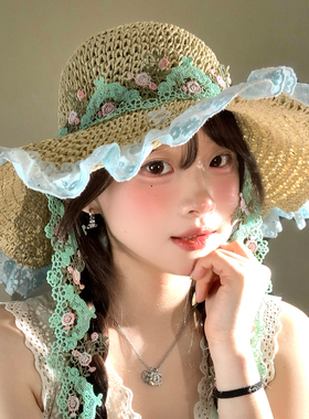 田园风花边飘带编织草帽女夏海边度假大帽檐遮阳防晒帽子2026新款