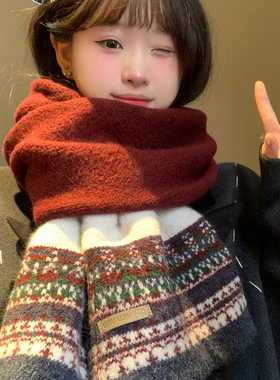 费尔岛提花复古红色针织毛线围巾女冬季保暖百搭护颈围脖2025新款