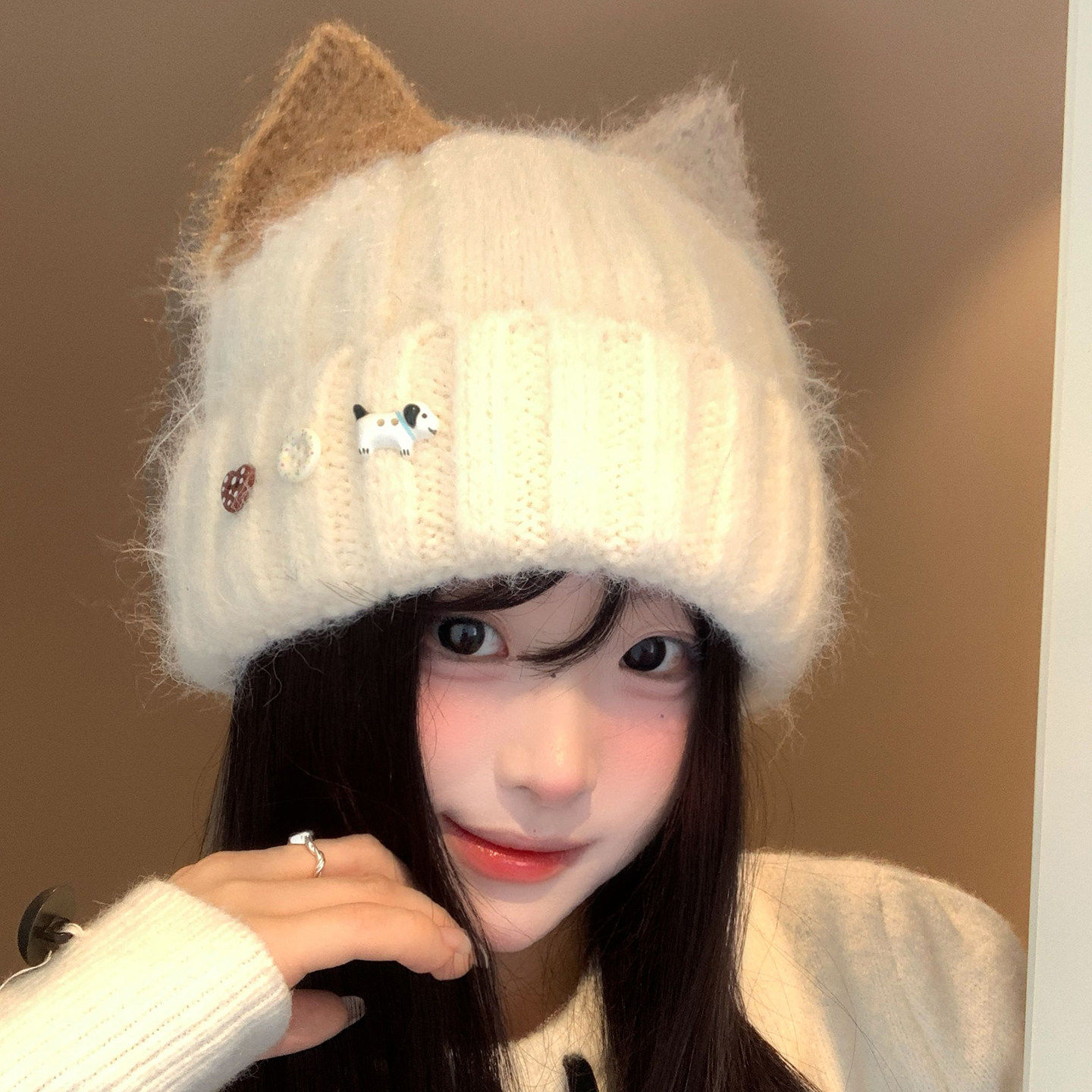 可爱拼色猫耳朵针织帽女秋冬显脸小保暖毛线帽百搭大头围护耳帽子