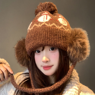 费尔岛风雪人毛球提花针织帽女冬季 可爱保暖防寒毛线护耳雷锋帽子