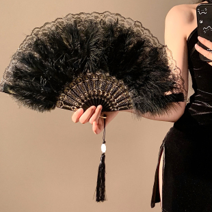 古风黑色羽毛蕾丝折叠扇子夏天新中式 国风汉服旗袍舞蹈扇便携随身
