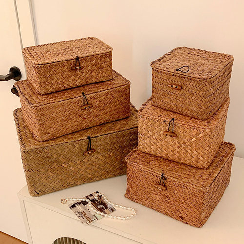 日式编织桌面收纳盒带盖储物