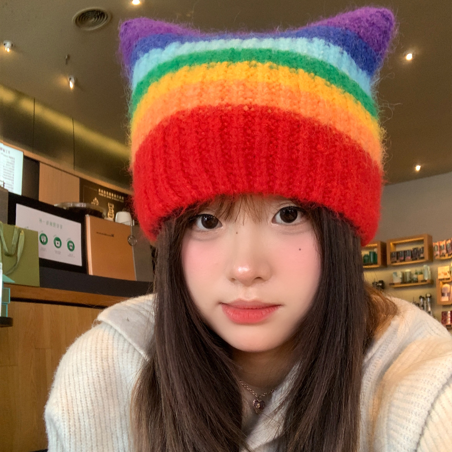彩虹猫耳朵毛绒绒针织帽子