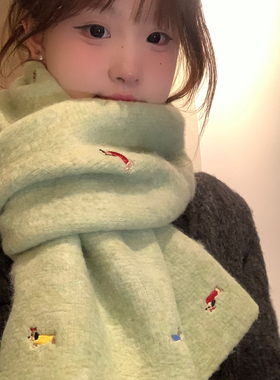 可爱腊肠狗绿色毛线围巾女冬季韩系保暖加厚防寒护颈围脖2025新款