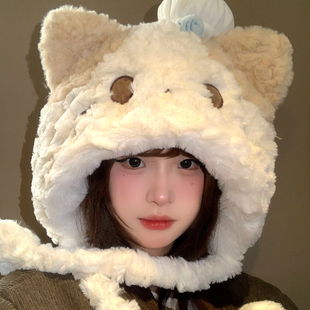 可爱保暖厨师猫咪毛绒帽子女冬季加绒加厚大头围显脸小护耳雷锋帽