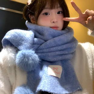 韩系氛围感软糯毛球蓝色围巾女秋冬加厚保暖防寒百搭针织围脖学生