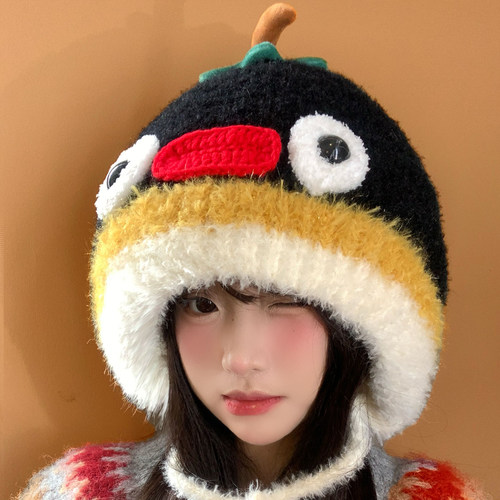 可爱企鹅毛绒针织帽女秋冬加厚