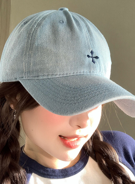 韩版浅蓝色棒球帽女春夏季个性十字刺绣百搭显脸小大头围鸭舌帽子