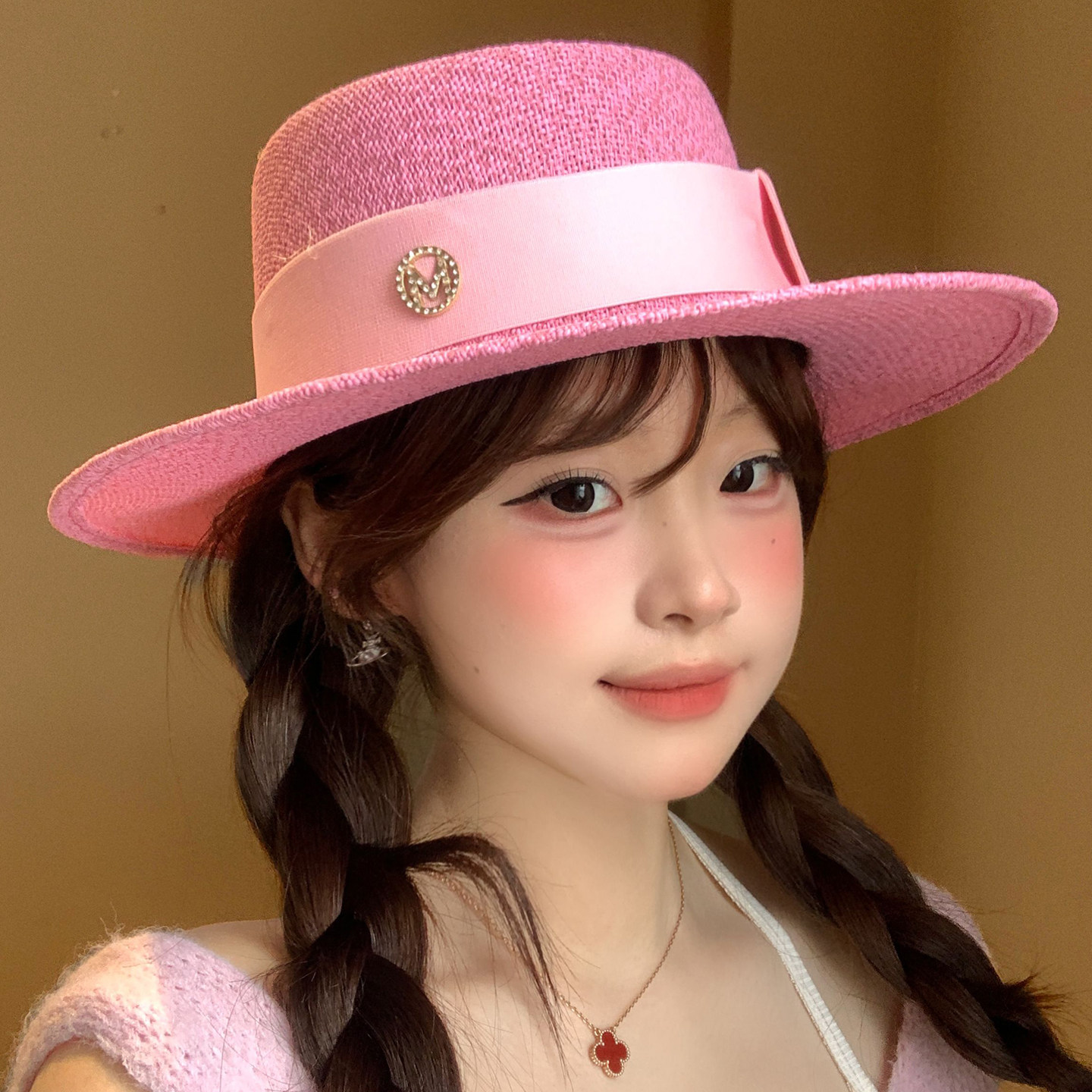 法式赫本风平顶草帽女夏海边沙滩度假遮阳防晒帽子显脸小粉色礼帽
