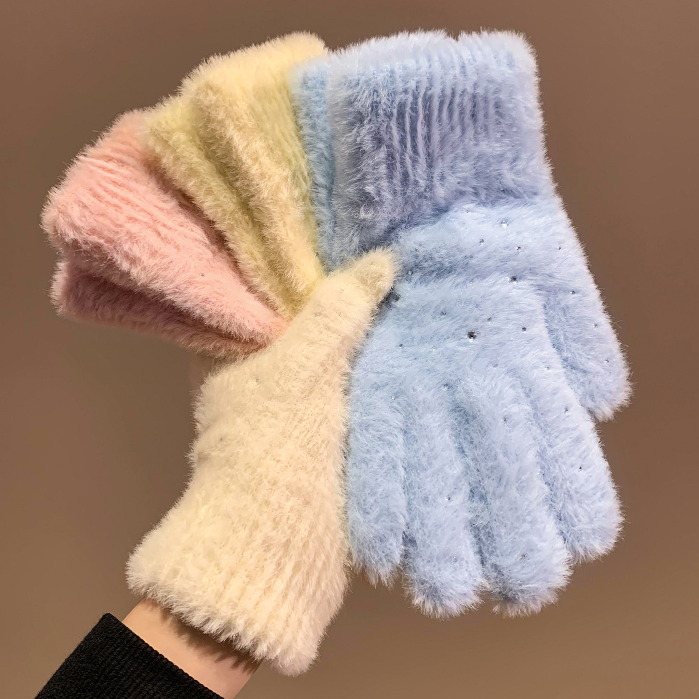 韩系水钻毛绒针织手套女冬季