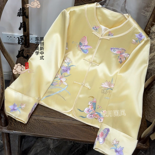 藏月国风新中式南油蝴蝶花朵重工满绣正肩醋酸上衣外套E2592320
