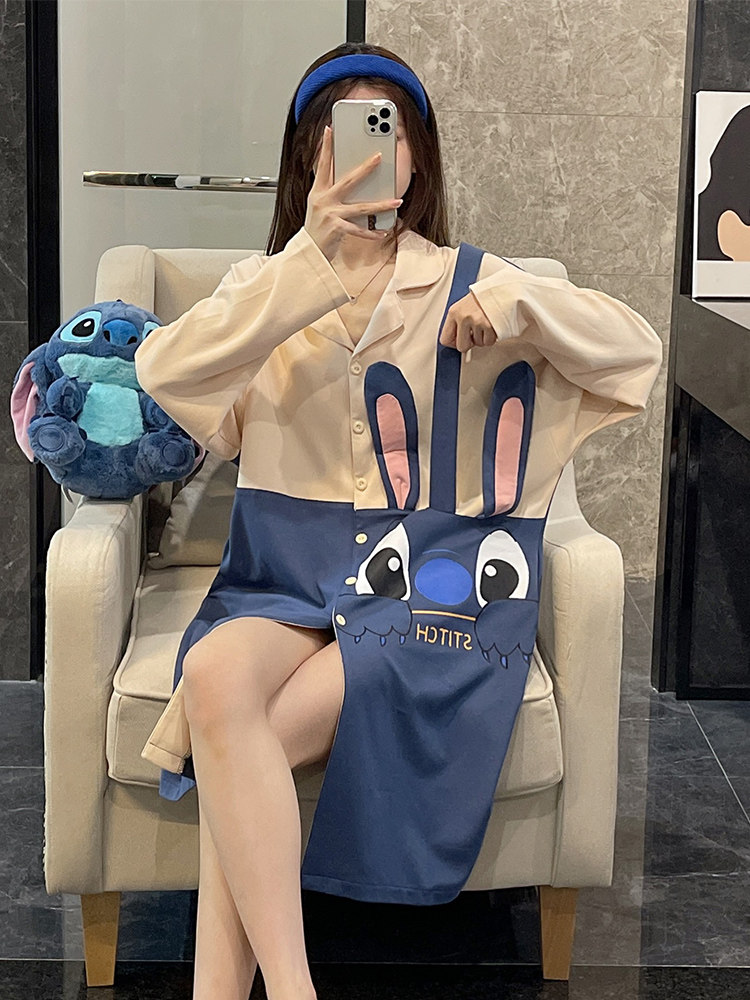 잠옷 여성 봄 가을 잠옷 긴 소매 코튼 가디건 2022 새로운 블루 대형 여름은 집 옷 밖에서 입을 수 있습니다