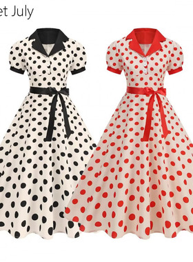 赫本黑白波点收腰绑带大摆翻领短袖法式复古连衣裙派对表演度假裙