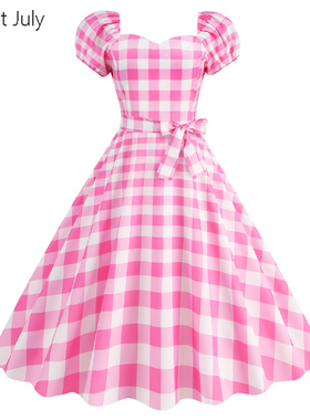 原创芭比粉色格子少女甜美泡泡袖收腰大摆垂感中长过膝气质连衣裙