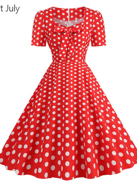 复古红色波点短袖方领蝴蝶结收腰大摆长夏女装舞蹈派对港风连衣裙