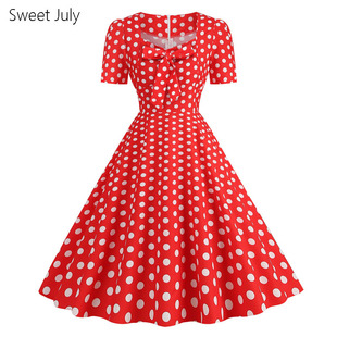 复古红色波点短袖 舞蹈派对港风连衣裙 方领蝴蝶结收腰大摆长夏女装