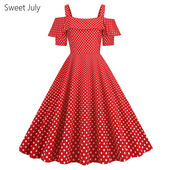 原创一字领露肩吊带波点大摆中长裙夏舞蹈派对表演出服女装 连衣裙