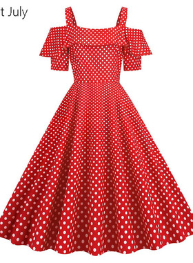 原创一字领露肩吊带波点大摆中长裙夏舞蹈派对表演出服女装连衣裙