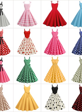 原创港风波点吊带裙舞蹈度假大摆长款无袖夏表演服复古姐妹连衣裙