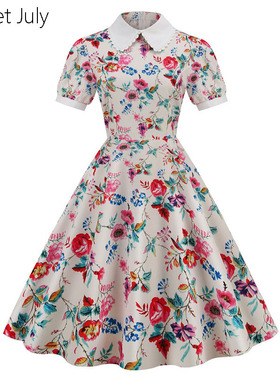 原创法式复古玫瑰印花连衣裙碎花娃娃领年代感怀旧大摆度假长裙子