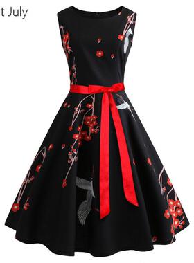 原创欧美洋装气质女装圆领无袖白鹤印花大摆背心复古连衣裙设计感