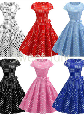 原创怀旧年代感小波点大摆垂感中长过膝舞蹈表演出服女连衣裙港风