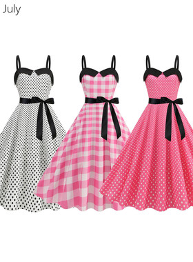 原创荷叶领吊带连衣裙子夏收腰大摆垂感舞蹈表演出服波点格子田园