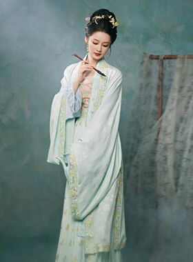 宋制汉服贺花神(李清照)对襟长衫吊带褶裙披帛墨雨云间同款珍珠妆
