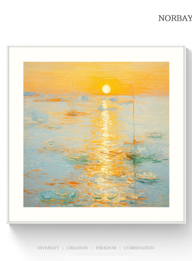 莫奈海上日出风景橙绿色装饰画客厅餐厅玄关正方形挂画高级感壁画