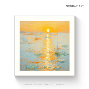 莫奈海上日出风景橙绿色装饰画客厅餐厅玄关正方形挂画高级感壁画