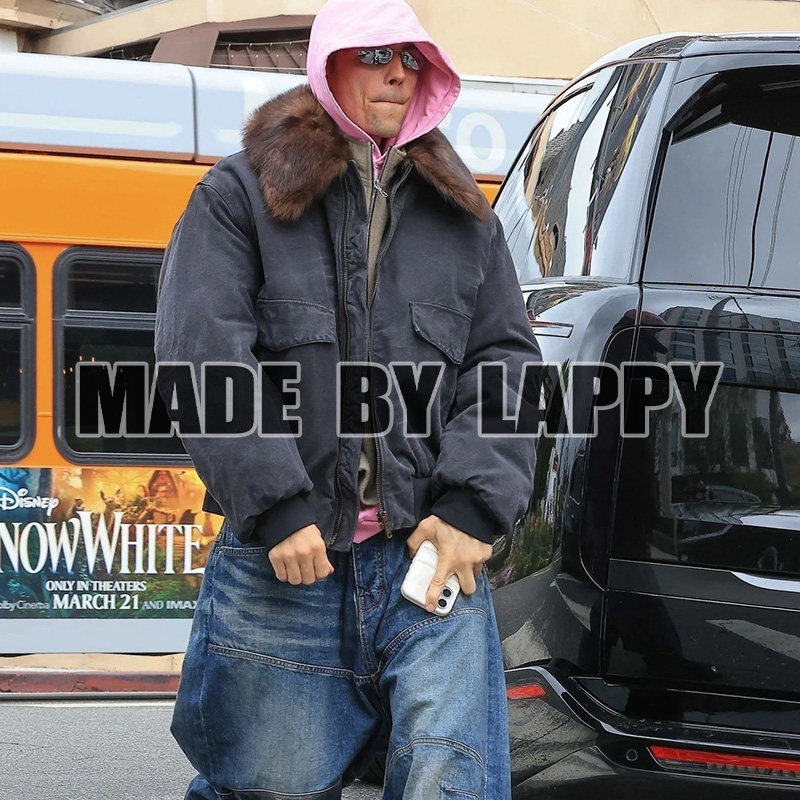 Lappy可拆卸毛领贾斯丁比伯同款P家背后三角型水洗做旧牛仔夹克