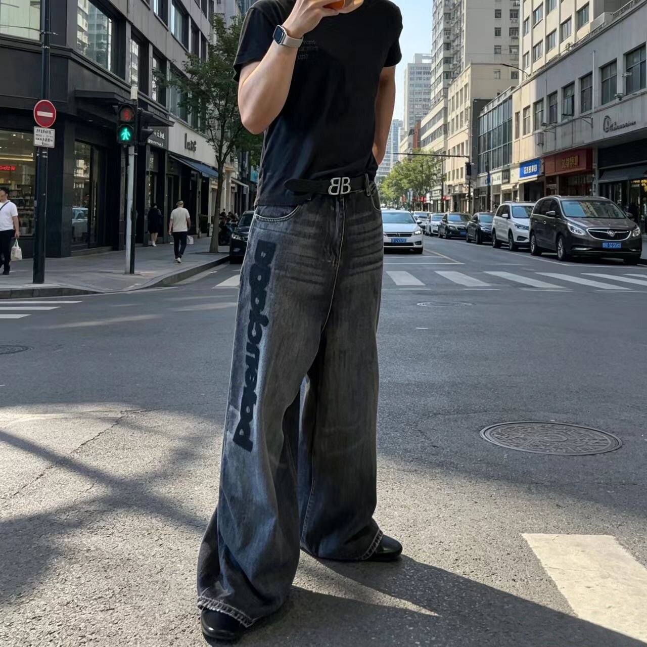 Lappy巴黎风刺绣阔腿牛仔裤男