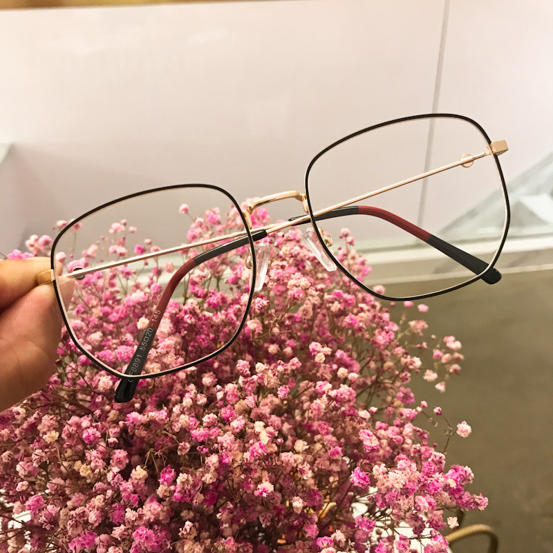 ins小红书火爆方形眼镜框潮大框拼色镜腿大脸圆脸显瘦平光镜