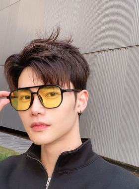 2022韩男士透明黄墨镜复古tr90太阳镜显瘦超轻双梁蛤蟆镜可配近视