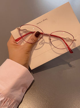ins同款红色小猫眼金属眼镜高智感御女金丝平光镜银边眼镜框近视