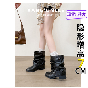 真皮西部牛仔裤管短靴女子褶皱堆堆黑擦色圆头复古粗跟骑士马丁靴