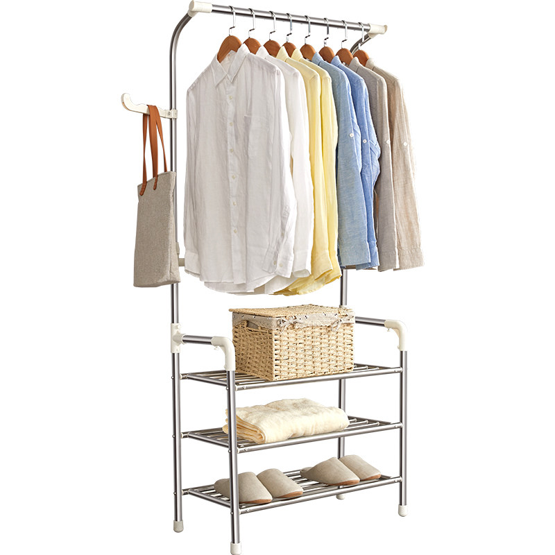 亿加亿晾衣架不锈钢双杆式挂衣架卧室可移动置物架室内落地衣帽架